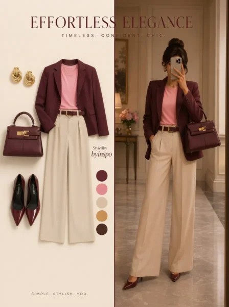 A style board showcasing a woman wearing a tailored burgundy blazer, pink top, and cream wide-leg trousers, next to a flat lay of the same products and accessories.