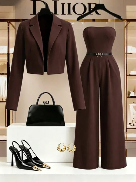 GlowEve Women's Coffee Brown Blazer + Bandeau Back-Tie Jumpsuit Set