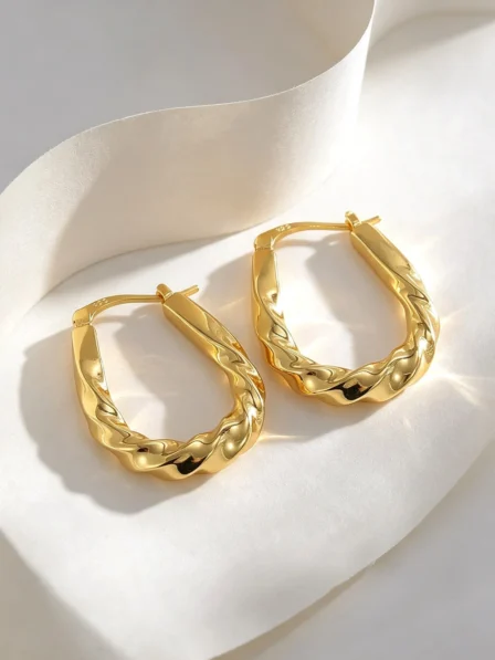 Women 18K Gold Plated Copper Twisted Oval Hoop Earrings, Textured Huggie Hoops