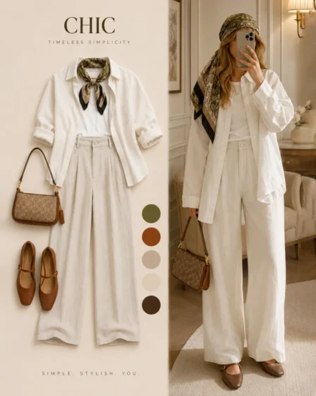 Styled neutral outfit featuring wide-leg linen pants, open white button-down shirt, olive paisley neck scarf, brown leather shoulder bag, and brown Mary Jane flats next to a model wearing the same look.