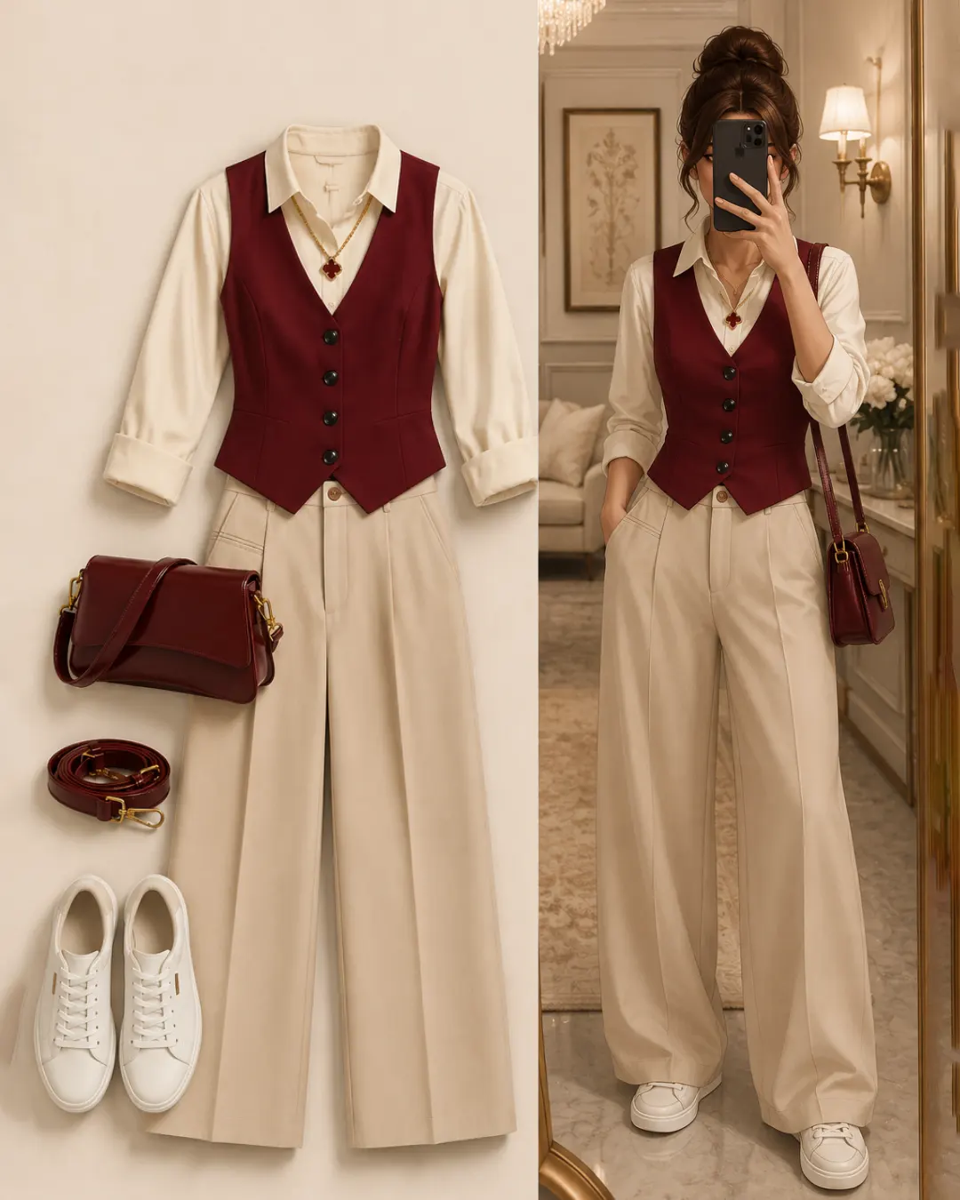 Styled outfit layout and mirror selfie featuring a burgundy waistcoat, cream long-sleeve shirt, beige wide-leg trousers, burgundy leather cross-body bag, gold pendant, and white sneakers.