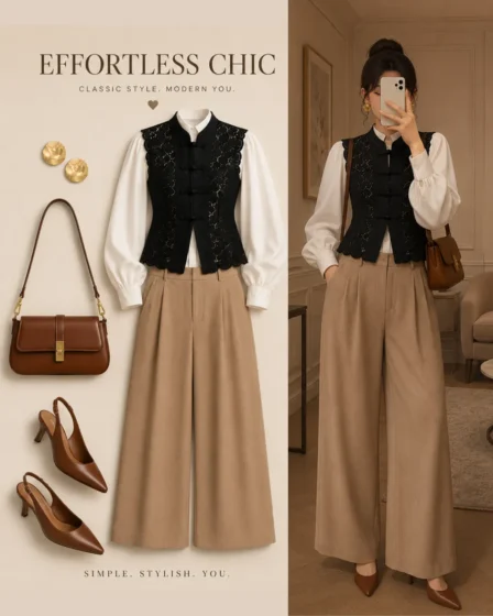 Outfit layout and model preview featuring a black lace Mandarin collar vest over a white balloon-sleeve shirt, camel wide-leg trousers, cognac shoulder bag, and brown slingback heels.