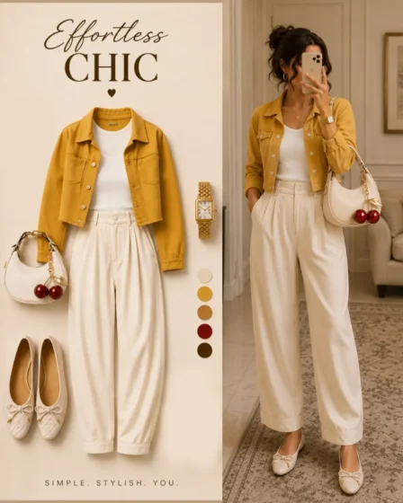 Flat lay and mirror selfie of a mustard yellow cropped jacket styled with high-waisted off-white pleated trousers, cream woven ballet flats, gold watch, and a shoulder bag with a red cherry charm.