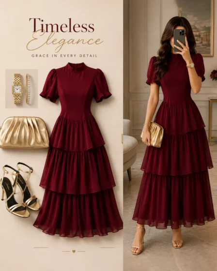 Layout and wearing demo of a burgundy mock-neck tiered maxi dress styled with metallic gold high heels, a gold pouch clutch, gold bracelet, and a gold watch.