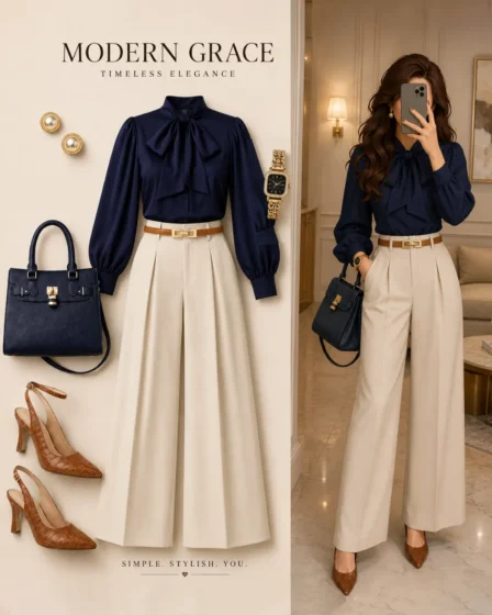 Styled flat lay and model mirror selfie showing a navy bow-tie blouse tucked into cream pleated wide-leg pants, styled with a tan belt, tan croc slingback heels, and a navy handbag.