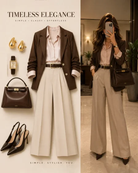 Outfit layout and mirror selfie featuring a chocolate brown blazer over a blush satin shirt, high-waisted beige wide-leg pants, dark brown slingback heels, and a dark brown tote bag.