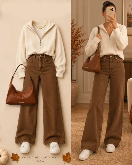 Outfit layout and mirror selfie featuring a cream half-zip ribbed pullover sweater, brown wide-leg jeans, chestnut leather shoulder bag, and crisp white sneakers.