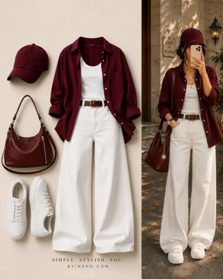Flat lay and mirror selfie of a burgundy button-down shirt styled over a white tank top with high-waisted white wide-leg jeans, burgundy baseball cap, burgundy shoulder bag, and white sneakers.