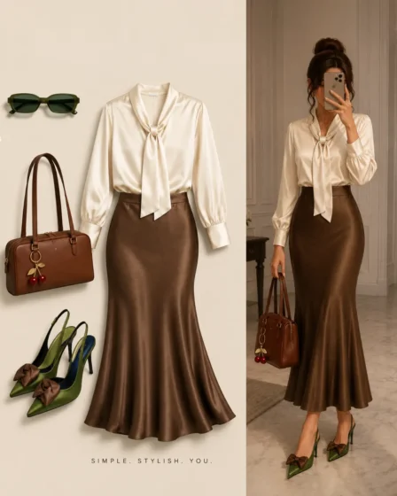Outfit layout and model preview of a champagne satin bow-tie blouse, chocolate brown satin mermaid skirt, olive green bow slingback heels, olive sunglasses, and a brown leather tote.