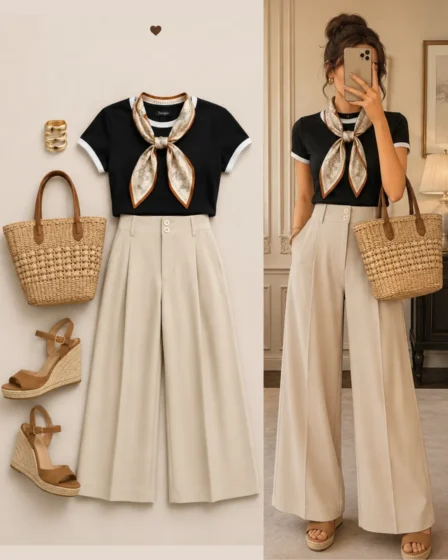 Chic Parisian Wide-Leg Pants & Ringer Top Outfit Set